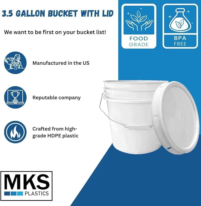 3.5-Gallon Bucket with Airtight Lid – Made in USA, Food Grade BPA Free Plastic, Heavy Duty Multi-Use, Metal Handle with Grip, Stackable Storage – White, 3 Pack
