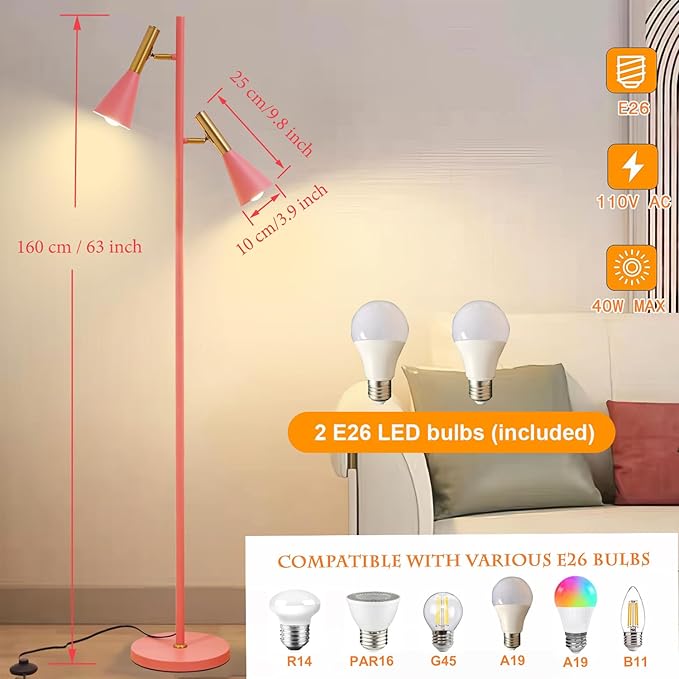 Modern Floor Lamp with 2 Adjustable Head Tall Pole Uplight