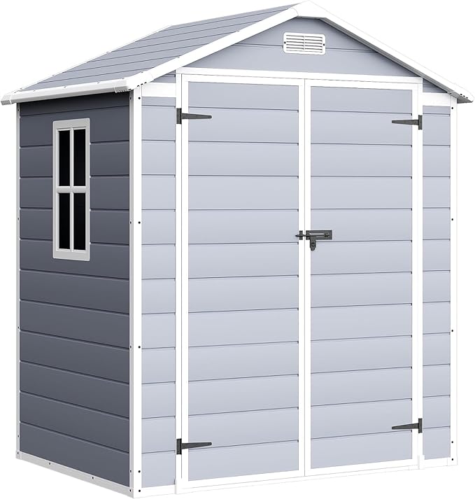 Devoko 6x4FT Outdoor Storage Shed with Lockable Door, Waterproof Plastic Resin Garden Shed Tool with Floor for Backyard, Patio, Lawn, Pool Supplies (Grey)