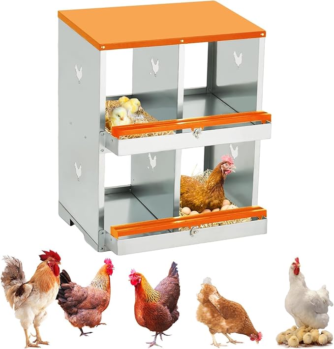 4-Hole Chicken Nesting Box, Large Ventilated Galvanized Steel Laying Box with Compartments, Wall-Mounted, Easy Egg Collection & Cleaning, Roll Away Nest Box for Coop - Orange