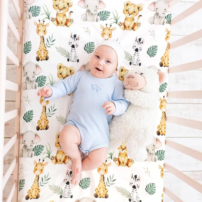 4 Pack Safari Jungle Animals Neutral Unisex Fitted Nursery Baby Sheets Set Toddler Mattress Sheets for Baby Boys or Girls (Pack N Play Sheets)