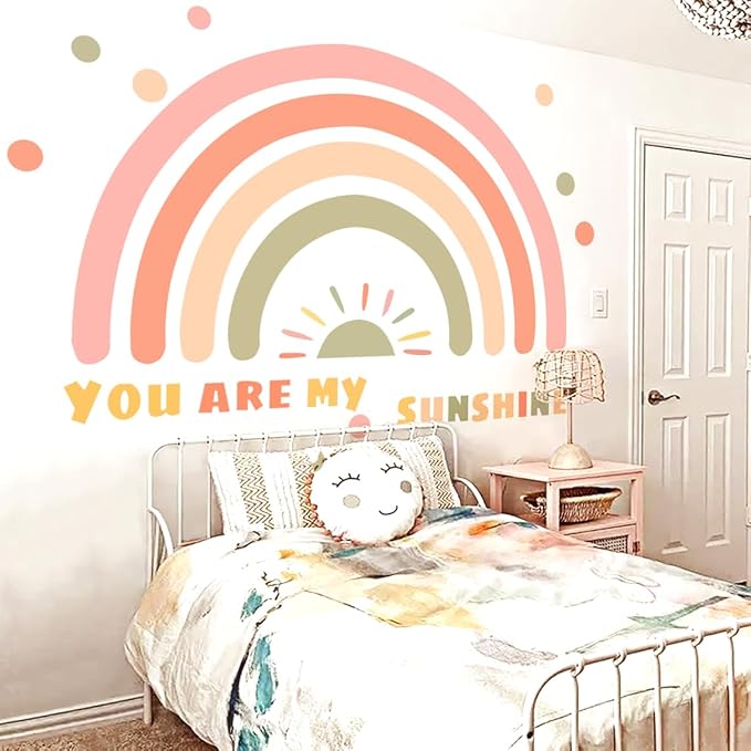 Large Rainbow Wall Decals, Sun Dots Peel and Stick Fabric Nursery Wall Decor, Removable Home Room Wall Decor Murals Stickers for Kids Girls Toddler Bedroom Living Room Playroom
