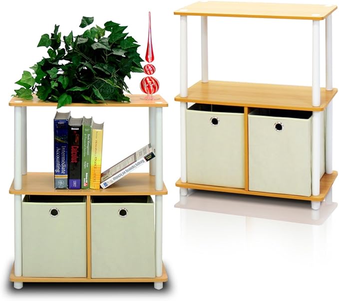 Furinno Go Green 3-Tier 2-Bin Multi-Purpose Storage Shelf (Set of 2), Beech