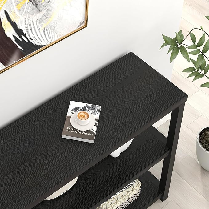 FOLUBAN Entryway Table, Modern Sofa Console Table with 3 Tier Storage Shelf for Living Room Hallway Foyer, Industrial Black Oak