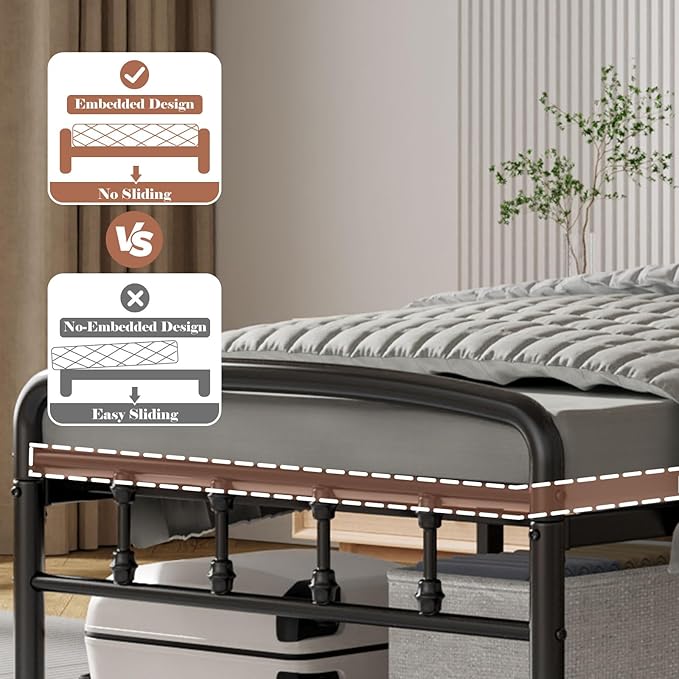 Metal Twin Bed Frames,1500 Lbs Heavy Duty Bed Frames with Headboard,Noise-Free Design & 12" Underbed Storage,No Box Spring Needed/Tool-Free Assembly