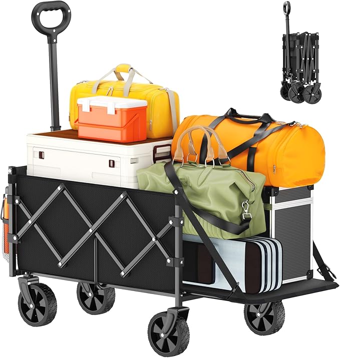 Foldable Wagon with Extended Tailgate: Collapsible Large Capacity Folding Wagon - Heavy Duty Utility Carts for Shopping,Garden,Sports,Groceries,Apartment,Camping,Outdoor - Black