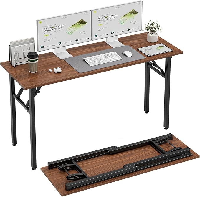 TEMI Long Computer Desk Folding Table - 55.1" Foldable Office Desk, No Assembly, Perfect Writing Table for Bedroom, Dorm, or Apartment, Portable Large Desk or Study Table with Compact Design, Walnut
