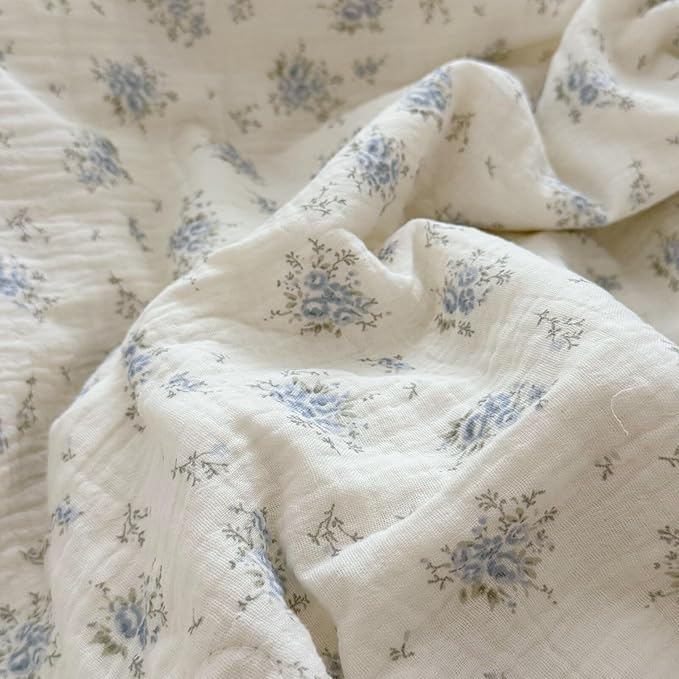BuLuTu Muslin Cotton Kids Duvet Cover with Ruffles for Toddler Bed/Crib Comforter/Quilt Cover Shabby Chic Blue Freesia Print Toddler Duvet Cover Girls Boys, 47"x59", No Pillow Cases