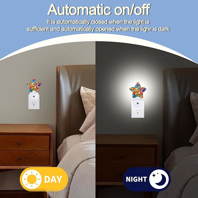 Colorful Stained Glass Dusk to Dawn Star Night Light, Abstract Smart Sensor