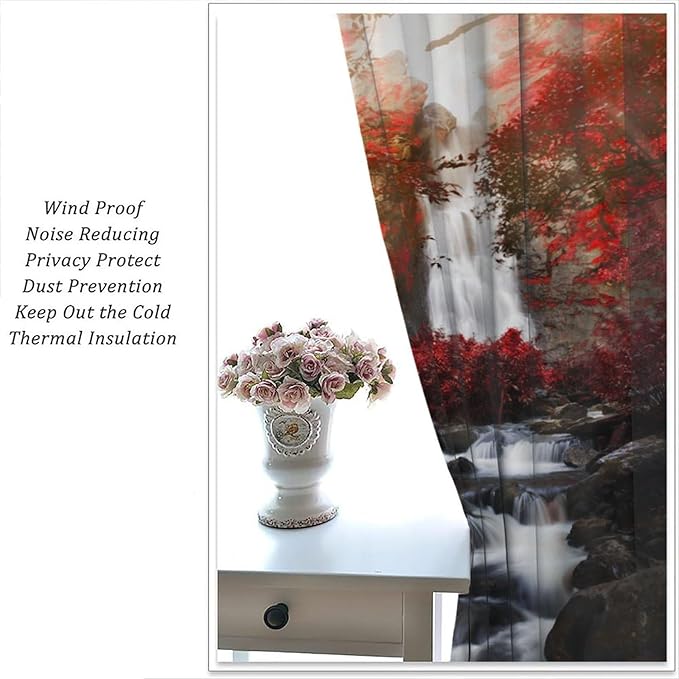 Nature Waterfall Blackout Curtains, Autumn Waterfall Romantic Forest Landscape Print Rod Pocket Window Drapes, for Bedroom Living Room 63" W X 63" L