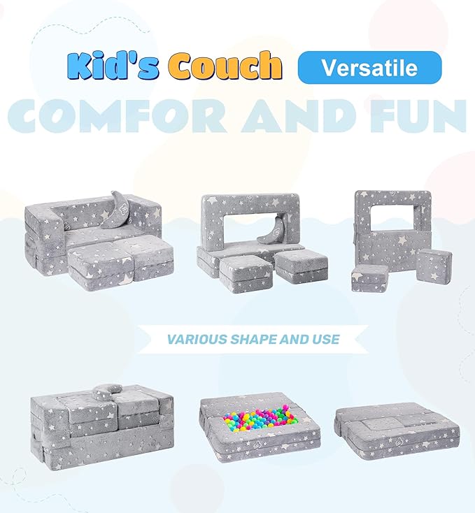 Modular Kids Sofa, Glow in The Dark Star Plush Couch, Convertible Kids Play Set, Fold Out Sofa Bed(Stars)