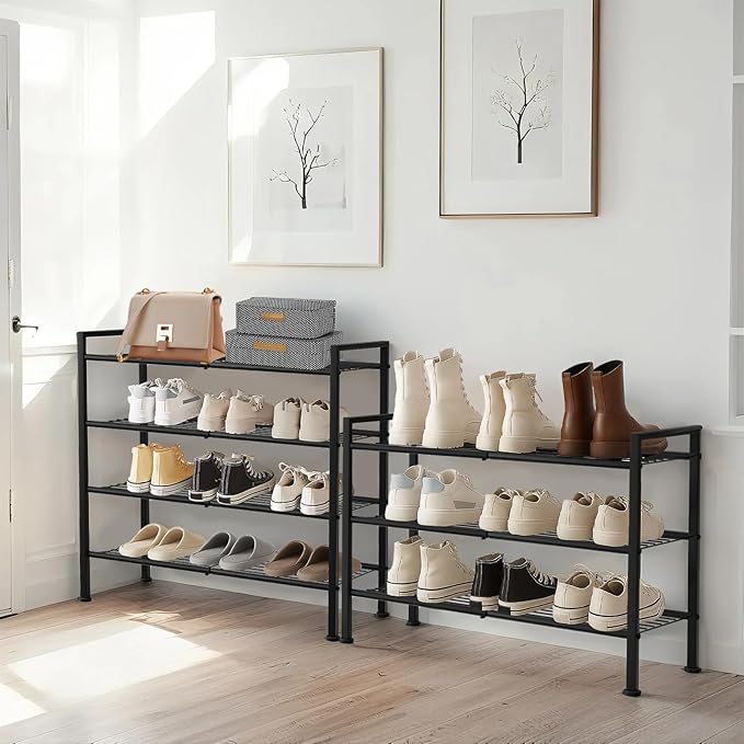 Simple 3 Tier Shoe Rack,Metal Stackable Shoe Storage Organizer for Closet,Entryway, Bedroom, Black (Black, 3-Tier)