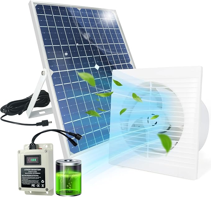 Solar Powered Exhaust Fan with Battery, 25 W Waterproof Solar Panel 8 Inch Ventilation Vent Fan Solar Fan for Greenhouse, Chicken Coop,Shed, Garage, Attic, Barn, Workshop,14.8ft Cable,5000mAh Battery