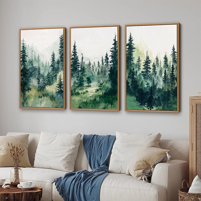 Tinonedraw Watercolor Forest Framed Canvas Wall Art Set, Modern Pine Tree Wall Painting, Nature Foggy Landscape Wall Decor, Misty Mountain Art Prints for Bedroom Living Room Farmhouse Office 16"x24"x3