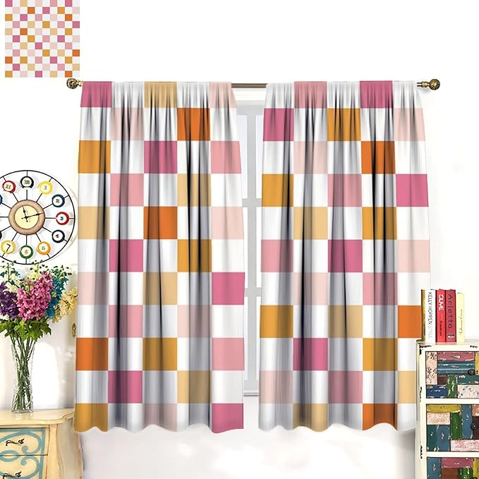 Pink Checkered Curtains,70s Vintage Twisted Checkered Window Drapes Colorful Groovy Trendy Wavy Hippie Grid Print Window Treatments for Kids Girls Bedroom Living Room 42" W X 45" L