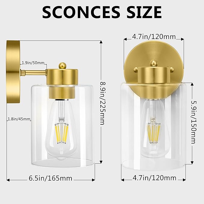 Bathroom Light, Wall Sconces Set of Two, Brushed Gold Vanity Sconce Lights