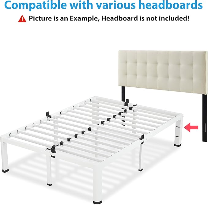 18 Inch Queen Size White Bed Frame, 3500Lbs Heavy Duty Metal Platform with Round Corner Legs Mattress Slide Stopper, Steel Slat Support No Box Spring Needed, Noise Free, Easy Assembly