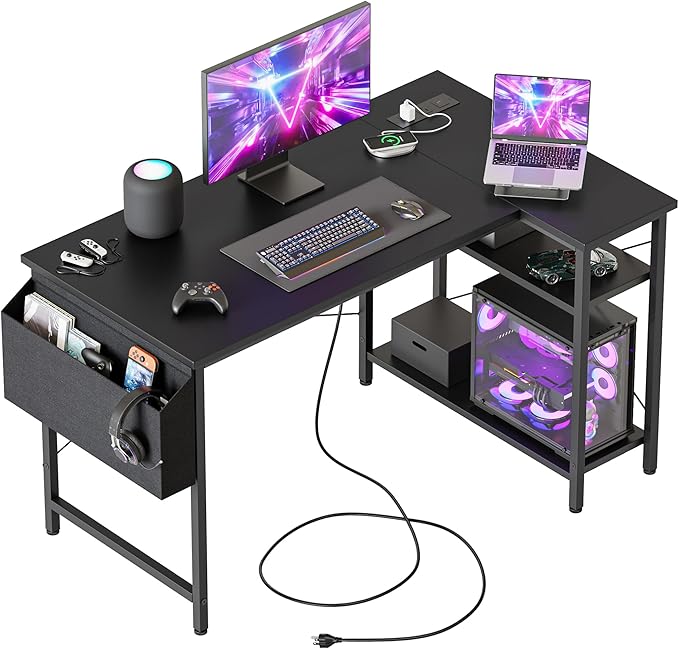 Small L Shaped Computer Desk with Power Outlets, Gaming Desk for Small Spaces, Corner Desk with Reversible Storage Shelves, Study Writing Table for Home Office (Socket, Black, 48 inch)