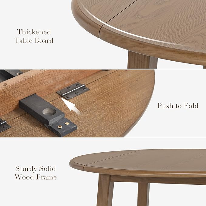 COLAMY 5-Piece Extendable Dining Table Set for 4, 36" Kitchen Round Wood Table with 4 Nailhead Dining Room Chairs,Light Brown/Light Brown