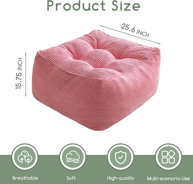 HIGOGOGO Square Stuffed Pouf Ottoman, Corduroy Poufs with Foam Chunk Filling, Furry and Fluffy Pouf Foot Stool Storage Ottoman, 25.6 X 25.6 Floor Poufs Foot Rest for Living Room, Pink