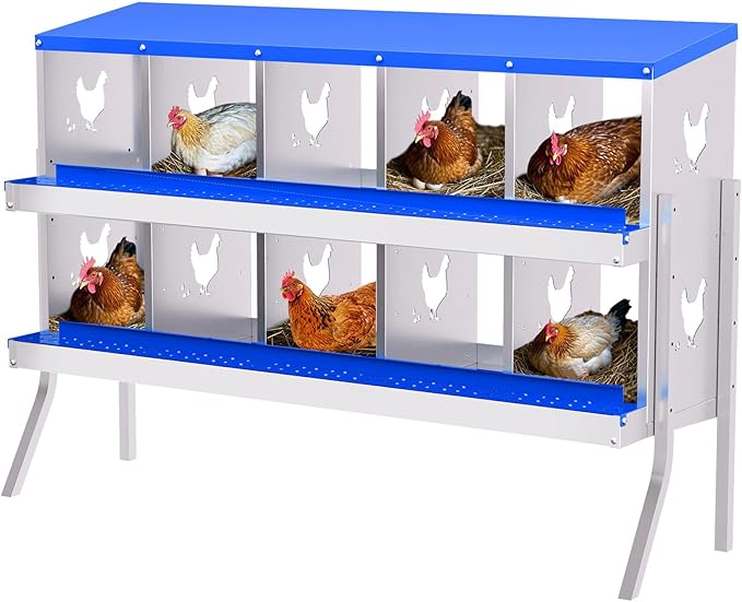 Chicken Nesting Boxes, 10-Hole Roll Away Nest Box for Chicken Coop, Metal Egg Laying Box with Perch & Lid Cover to Protect Eggs, Rollout Egg Collection, Vented Holes -with Legs Blue