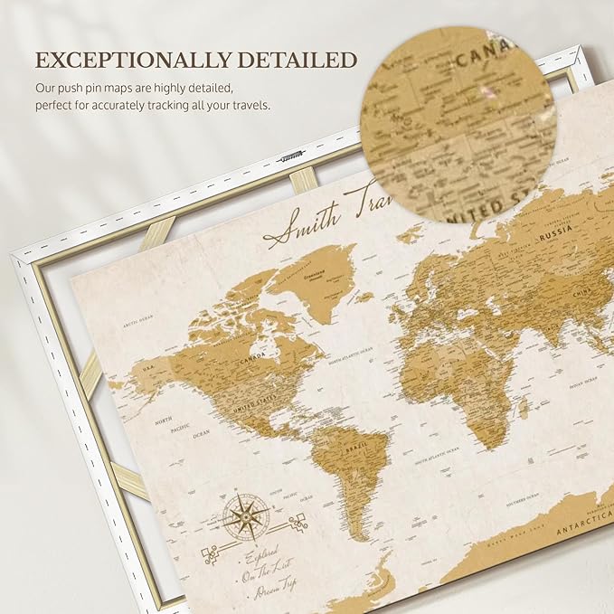 ElephantStock - Personalized Travel Push Pin World Map Wall Art - Horizontal Canvas Wall Art - Living Room Wall Decor - Digital Art Map Canvas Art - Orange And Beige Decor - 51" x 34"