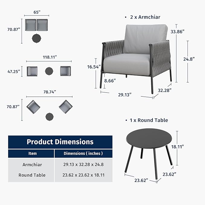 EAST OAK 3-Piece Patio Furniture Set | Armchairs & Coffee Table | Outdoor Furniture with Cushions | Deep Seating Modern Conversation Set | Garden, Porch, Balcony & Backyard | Misty Grey