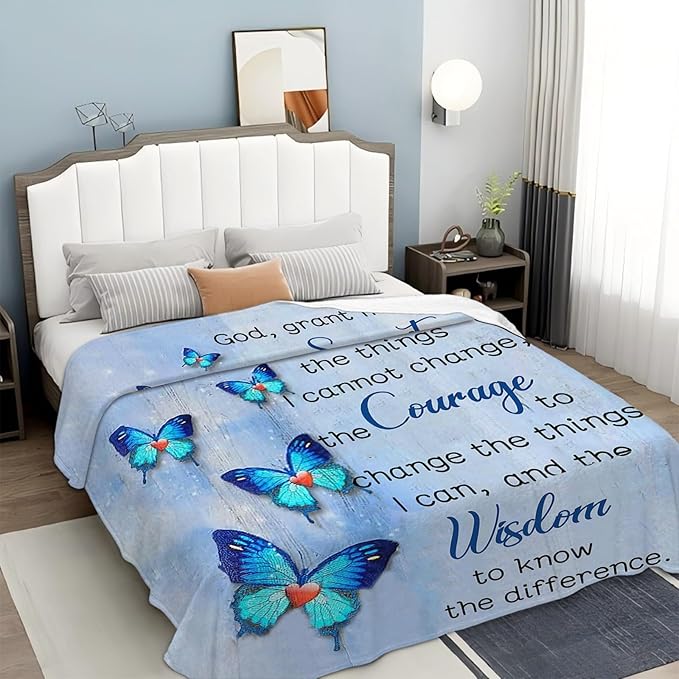 Tijuboni Christian Serenity Prayer Throw Blanket Blue Butterfly Gifts for Women Men Girls Boys Kids Adults Soft Flannel Fleece Blanket for Couch Sofa Bed Home Decor 40"x50"