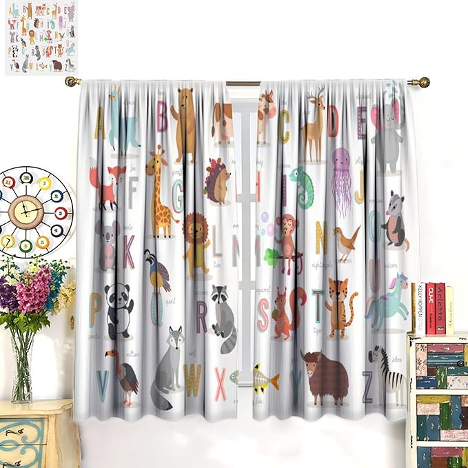Kids Alphabet Curtains Cute Cartoon Animal Funny Educational Learning Curtain with Rod Pocket for Nursery Bedroom Playroom Home Decor Drapes Window Treatments 2 Panels Set 84" W X 84" L