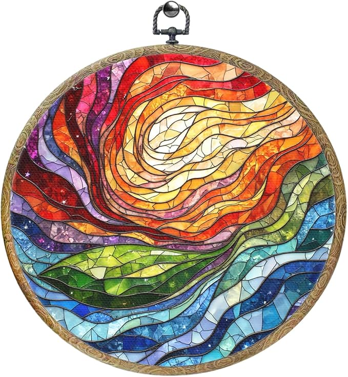 Colorful Boho Rainbow Geometric Spiral Sun Art Gift Framed Round Wall Decor Canvas Wall Art Hanging Prints Artwork for Home Office Bathroom Bedroom Living Room Decorations 10.2X10.2 Inch