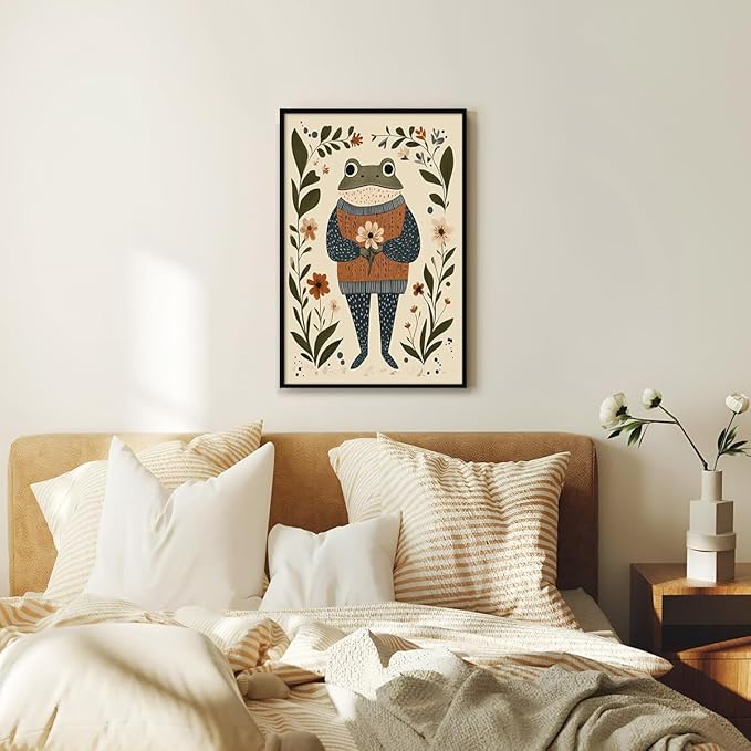 Frog Canvas Wall Art, Frog In A Textured Sweater Holding Flower Poster, Rustic Nursery Animal Painting Cozy Folk Art Print, Farmhouse Botanical Floral Painting for Kids Room 12x16in Wrapped Canvas