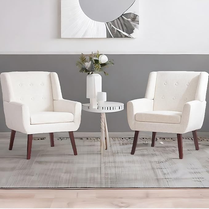 HUIMO Button-Tufted Accent Chairs Set of 2,Upholstered Reading Living Room Chair,Mid Century Modern Chair with Linen Fabric, Club Chair,Comfy Arm Chairs for Living Room,Bedroom,Beige