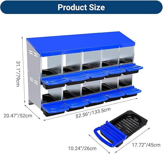 Chicken Nesting Box,10 Hole 2 Layer Hen Nest Boxes, Roll-Away Egg Collection System with Ventilation Holes，Rustproof Plastic Tray & Keyhole Mounting, Chicken Laying Box