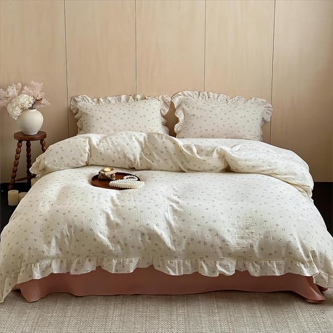 BuLuTu Chic Shabby Vintage Floral Duvet Cover Twin for Kids Girls Boys 100% Cotton Muslin Ruffled Quilt Cover Twin, 68"x86", Primrose Print, Soft Breathable, Zipper Closure, No Pillowcase