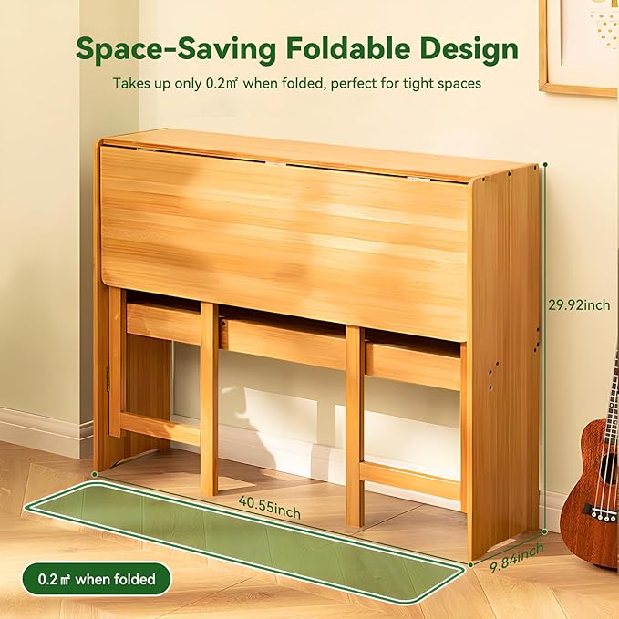 Bamboo Folding Desk Mid Century Modern Desk for Home Office Bedroom Small Spaces, Natural，40.55" Long Desktop