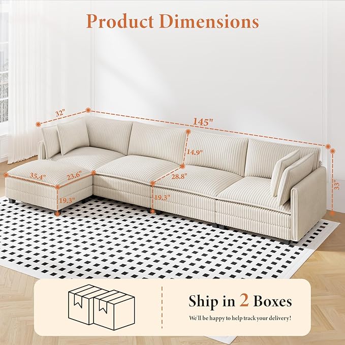 Vesgantti 143" L Shaped Modular Sectional Sofa, Comfy Corduroy Upholstered Modular Sectional Couches for Living Room, Modern Cloud Couch with Ottoman Deep Seat, Beige