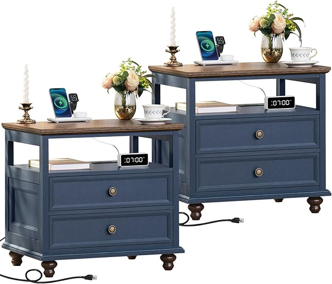 Farmhouse Nightstand Set of 2 with Charging Station, 24" Wide End Table with 2 Drawers,Wood Dresser for Bedroom,Bed Side Table Chest of Drawers Cabinet,Navy BlueNight Stand for Living Room