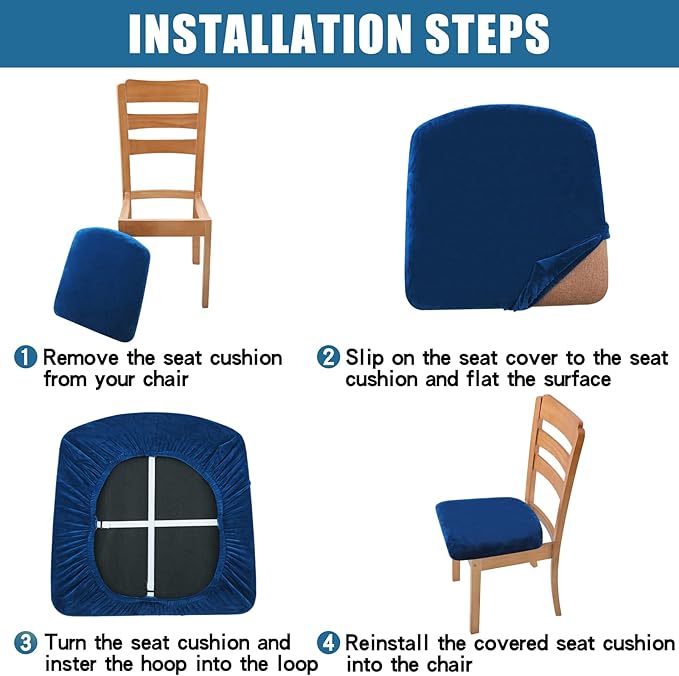 Smiry Velvet Seat Covers for Dining Room Chair Set of 4, Stretch Fit Removable Washable Chair Seat Cushion Protector Slipcovers with Ties, Federal Blue