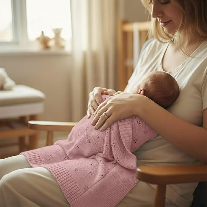 Baby Knit Blanket, 100% Cotton Eyelet Patterns, Soft, Cozy, Lightweight Swaddle for Newborn & Infant Swaddling Beige Neutral, Perfect Baby Shower Ideas Pink 30x40