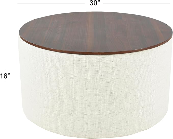 HomePop Modern Fabric Storage Ottoman with Wood Top - Stain-Resistant Cream Woven