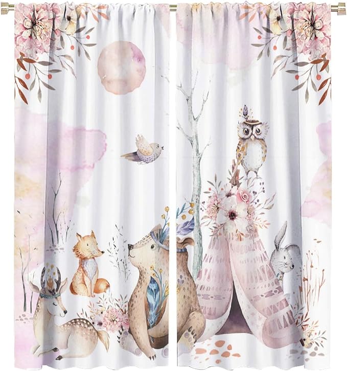 Forest Animal Curtains for Kids, Pink Watercolor Woodland Animal Window Treatments Fox Deer Owl Wildlife Safari Jungle Bear Window Drapes for Girls Nursery Toddler Bedroom 42x63in