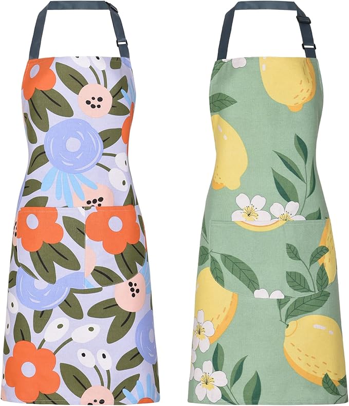 2 Pack Floral Apron for Women with Pockets, Adjustable Cotton Chef Aprons for Kitchen, Cooking, BBQ & Grill