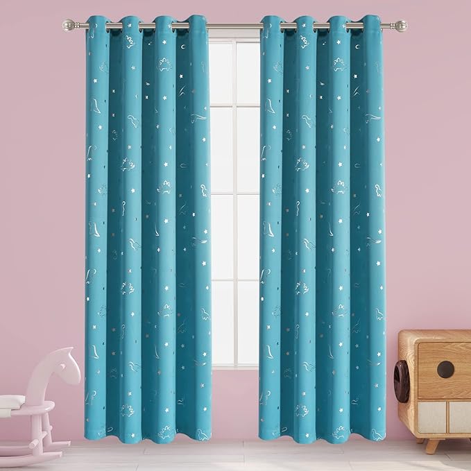 LORDTEX Dinosaur and Star Foil Print Blackout Curtains for Kids Room - Thermal Insulated Curtains Noise Reducing Window Drapes for Boys and Girls Bedroom, 52 x 84 Inch, Teal, Set of 2 Panels