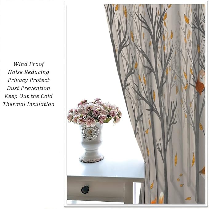 Kids Woodland Animal Window Curtains, Autumn Forest Hedgehog Rabbits Squirrel Fox Birds Blackout Rod Pocket Window Treatments Drapes for Boys Girls Bedroom 84x84in