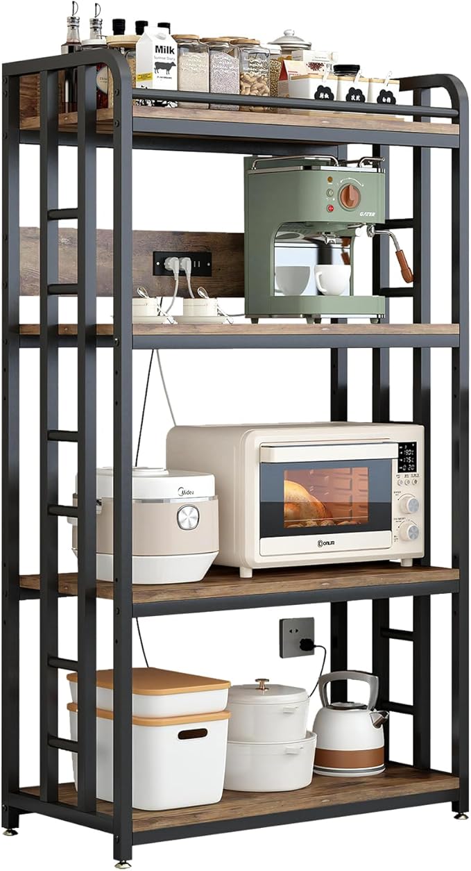 Adjustable 4-Tier Heavy Duty Kitchen Baker's Rack with Power Outlet, with Industrial Wheels, Free Standing Microwave Oven Cart Stand for Storage in Living Room, Garage, Rustic Brown