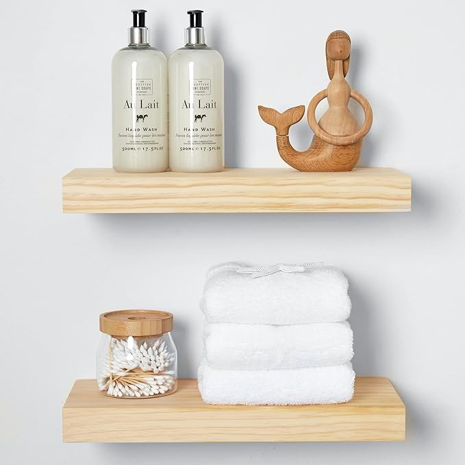 Homeforia Wood Floating Shelf 16 inch, High End Solid Natural Wood 16inch Floating Shelves for Wall Mounted, Unfinished Wooden Small Floating Shelves, Heavy Duty Bracket, 16 X 6.5 X 1.75 in, Set of 3