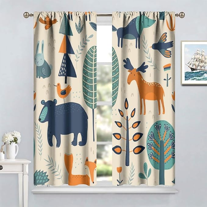 Kids Forest Animal Curtains, Rustic Cartoon Cute Wild Animal Window Treatments Woodland Safari Animal Fox Deer Bear Window Drapes for Girls Boys Nursery Toddler Bedroom 42x54in