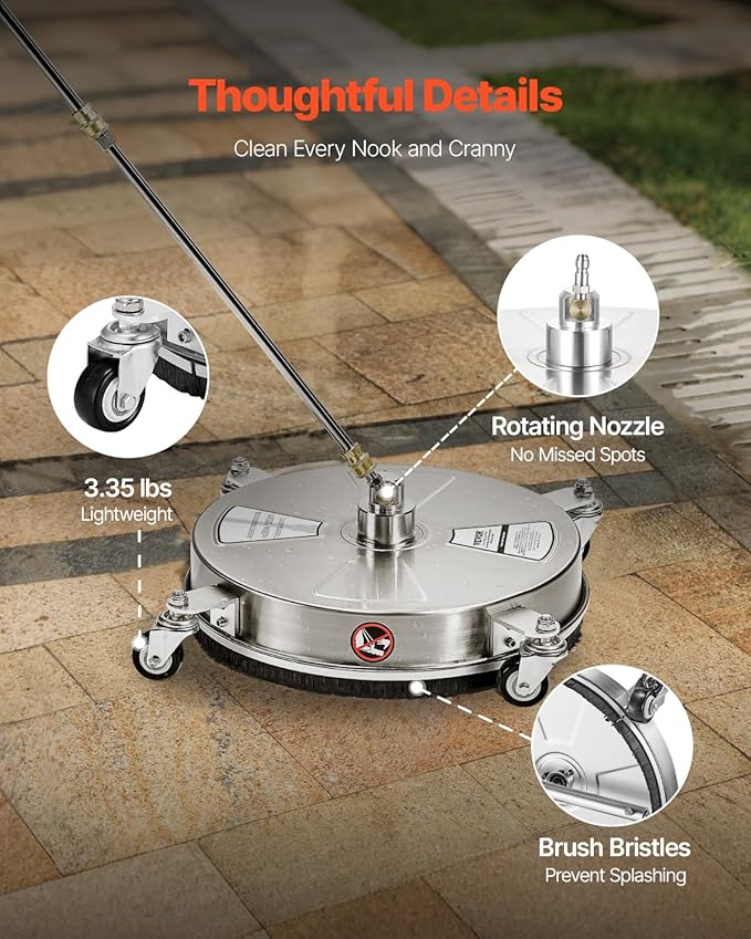 VEVOR 16.5" Pressure Washer Surface Cleaner, Stainless Steel Pressure Washer Attachments with 4 Wheels, 4000 Max PSI, 1/4 Quick Connector, 2 Spray Nozzles, 2 Extended Wands for Concrete, Patio, Deck