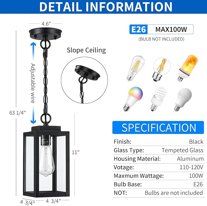 11'' Outdoor Pendant Light, Modern Outside Chandelier Outdoor Hanging Lantern