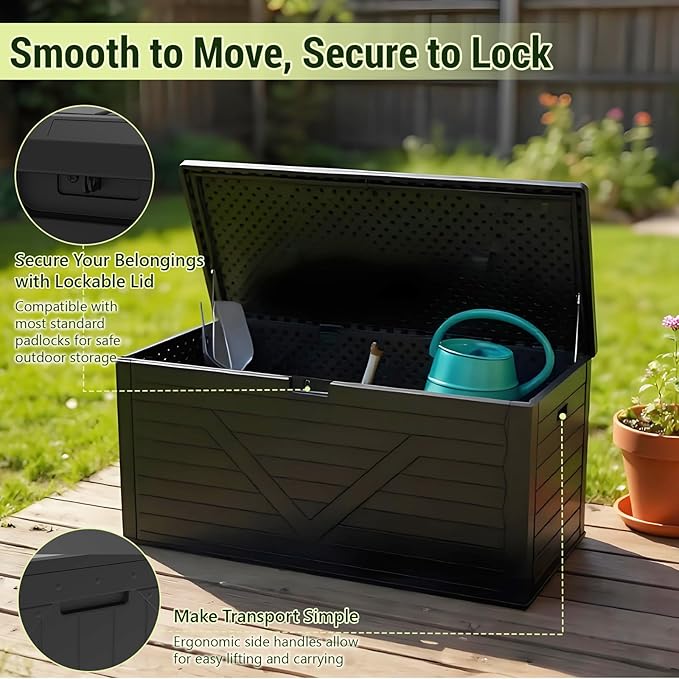 Outdoor Storage Box, 260 Gallon Deck Box Outdoor Storage Bench Outside Waterproof Resin Storage Bench, Lockable Patio Cushions, Garden Tools Storage For Furniture, UV Resistant(Black)